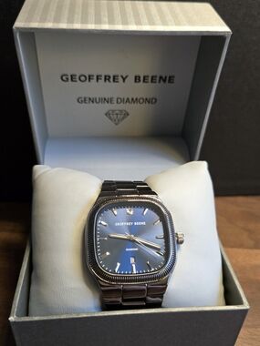 Geoffrey Beene Men's Blue Dial Stainless Steel Diamond Accent Watch- New!